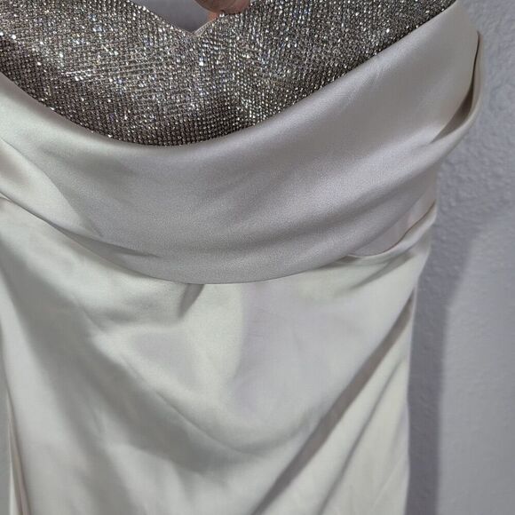 Prom dress Hoco Satin Y2k Crystal Drape Sz S Sequins Beige Maxi Strapless 127 - Picture 3 of 10